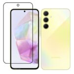 5D Full Glue juodas apsauginis ekrano stikliukas Samsung A366 A36 5G priešais geltoną Samsung telefoną