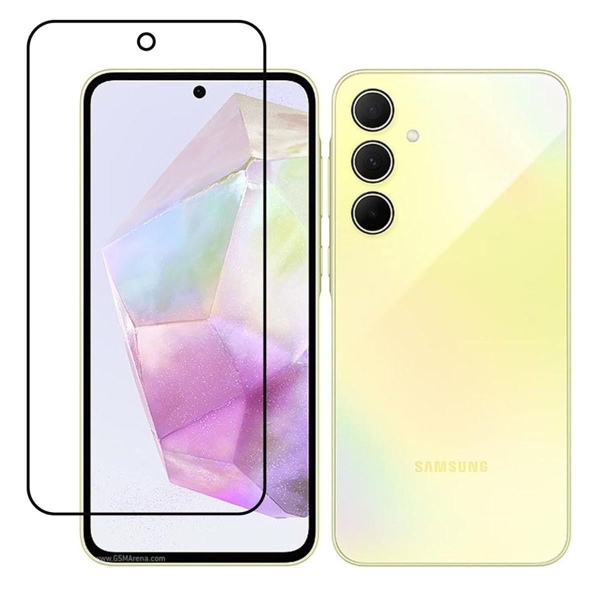 5D Full Glue juodas apsauginis ekrano stikliukas Samsung A366 A36 5G 5D Full Glue juodas apsauginis ekrano stikliukas Samsung A366 A36 5G priešais geltoną Samsung telefoną