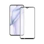 5D juodas apsauginis ekrano stikliukas Huawei P50 priešais telefoną su baltu ekranu