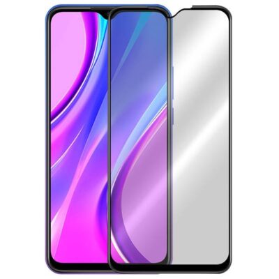 5D juodas apsauginis ekrano stikliukas Xiaomi Redmi 9 su matomu juodu kraštu ir skaidriu stiklu