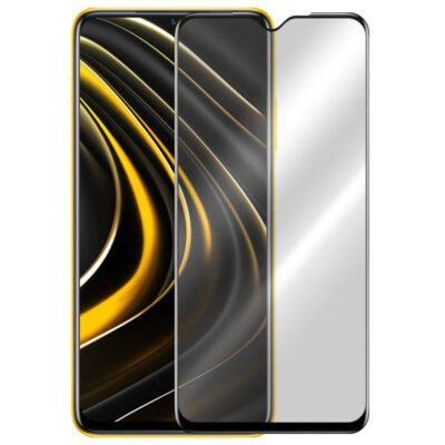 5D juodas apsauginis ekrano stikliukas Xiaomi Redmi 9T telefone su geltonu korpusu