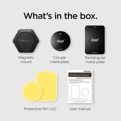 Juodas telefono laikiklis SPIGEN QS11 AIR VENT MAGNETIC su magnetiniu laikikliu ir metalinėmis plokštelėmis