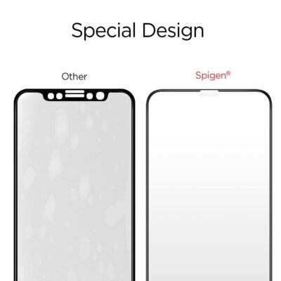 Juodas apsauginis ekrano stiklas Apple iPhone X XS Spigen Glass Fc su plonu rėmeliu ir specialiu dizainu