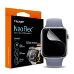 Apsauginė ekrano plėvelė Apple Watch 44mm Spigen Neo Flex su pakuote ir išlenkta plėvelė ant laikrodžio ekrano