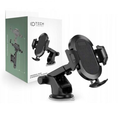 Juodas universalus telefono laikiklis TECH-PROTECT UNIVERSAL ant tvirto laikiklio su siurbtuku.