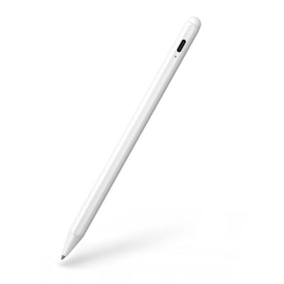 Baltas pieštukas Tech-Protect Digital Stylus Pen iPad su juodu mygtuku ir taške ant korpuso