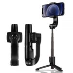 Juoda asmenukių lazda SPIGEN S610W GIMBAL su išskleistu ir sulankstytu stovu bei telefonu laikiklyje