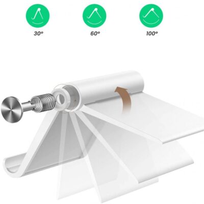 Balto spalvos lankstus stovas su reguliuojamu kampu ir metalo spyruokline detalė