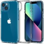 Skaidrus dėklas Apple Iphone 13 Spigen Ultra Hybrid ant mėlyno telefono gale ir priekyje