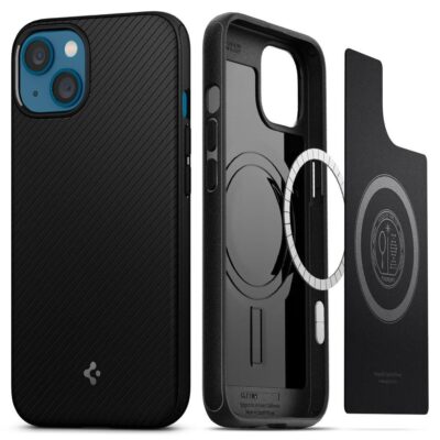 juodas deklas apple iphone 13 spigen mag armor su magnetiniu elementu ir tekstura