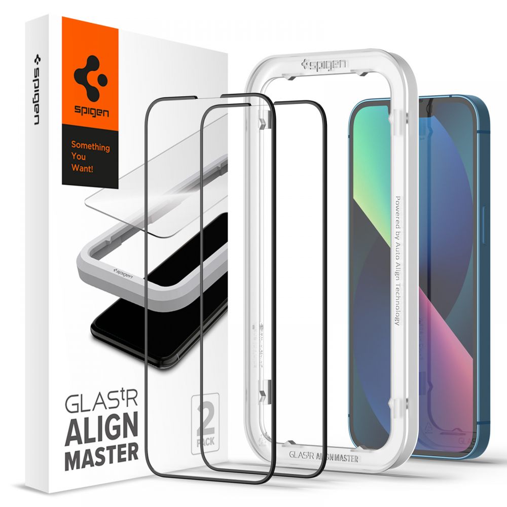 Juodas apsauginis ekrano stiklas Apple Iphone 13 13 Pro Spigen Alm Glass Fc 2vnt Juodas apsauginis ekrano stiklas Apple Iphone 13 ir 13 Pro su montavimo rėmeliu Spigen Alm Glass Fc 2 vnt