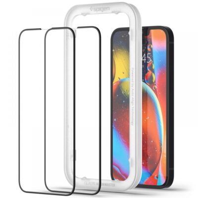 Juodas apsauginis ekrano stiklas Apple Iphone 13 13 Pro Spigen Alm Glass Fc 2vnt su instaliacijos rėmeliu