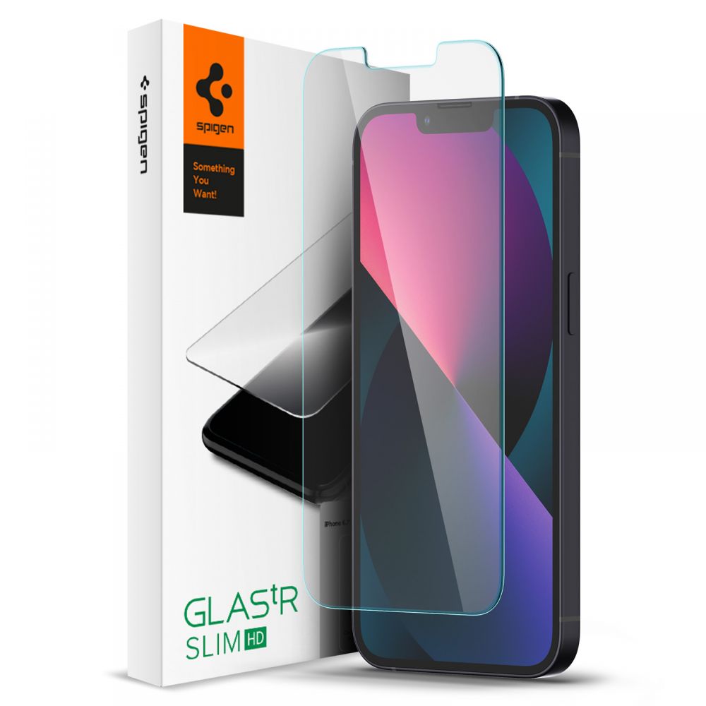 Skaidrus apsauginis stikliukas Apple Iphone 13 Pro Spigen Glas.Tr Slim Skaidrus apsauginis stikliukas Apple Iphone 13 Pro Spigen Glas.Tr Slim prie telefono ekrano.