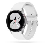 Balta apyrankė Samsung Galaxy Watch 4 5 5 Pro 6 su baltu dirželiu ir metaliniu užsegimu