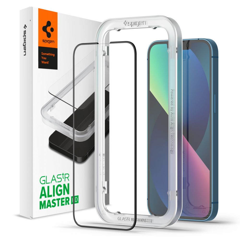 Juodas apsauginis ekrano stiklas Apple Iphone 13 13 Pro Spigen Alm Glass Fc Juodas apsauginis ekrano stiklas Apple Iphone 13 Pro Spigen Alm Glass Fc su montavimo rėmeliu