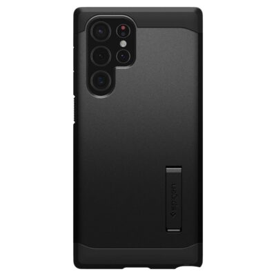 Juodas dėklas Samsung Galaxy S22 Ultra Spigen Touch Armor su integruota atrama kamerai