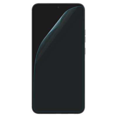 Apsauginė ekrano plėvelė Samsung Galaxy S22 Ultra Spigen Neo Flex dalinai prilimpusi prie telefono ekrano
