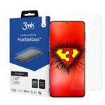 Apsauginė ekrano plėvelė Samsung Galaxy S22 Plus 3MK Flexible Glass priešais pakuotę ir telefoną su raudonu ekranu