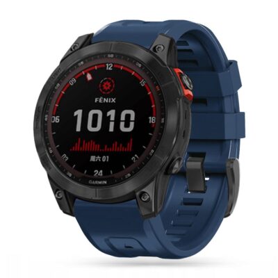 mėlyna apyrankė garmin fenix su juoda laikrodžio korpusu ir raudonomis detalėmis