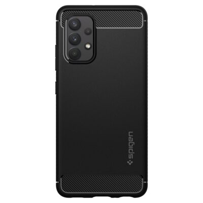 Juodas dėklas Samsung Galaxy A52 A52S Spigen Rugged Armor su matiniu paviršiumi ir anglies pluošto detalėmis