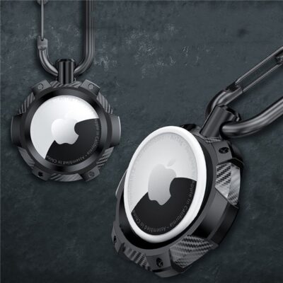 Juodas dėklas Apple Airtag Tech-Protect Carbon su anglies pluošto raštu ir metaliniais elementais