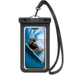 Juodas dėklas atsparus vandeniui Spigen A610 universal waterproof case su juodos spalvos virvės dirželiu