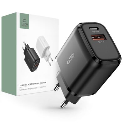 Juodas buitinis pakrovėjas TECH-PROTECT C20W 2-PORT NETWORK CHARGER PD20W ir QC3.0 jungtimis