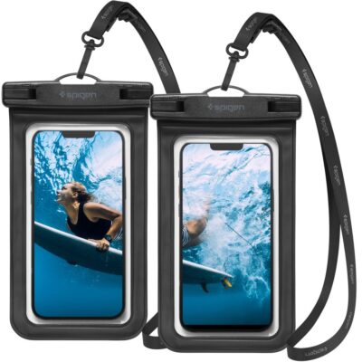Juodas dėklas atsparus vandeniui Spigen A601 Universal waterproof case 2-pack su reguliuojama juosta.