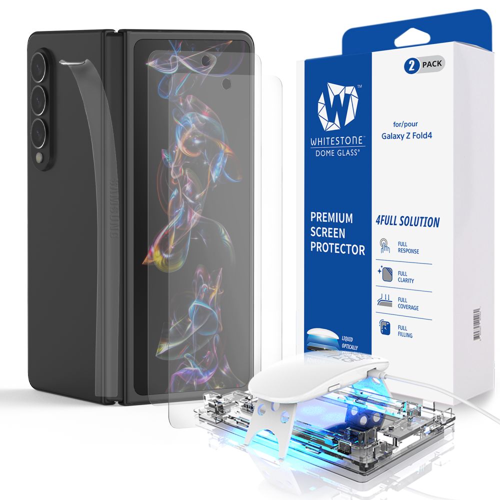 Skaidrus apsauginis stikliukas Samsung Galaxy Z Fold 4 Whitestone Dome 2vnt Skaidrus apsauginis stikliukas Samsung Galaxy Z Fold 4 Whitestone Dome ant telefono ekrano su pakavimo dezute ir liuminiscencine lempa.