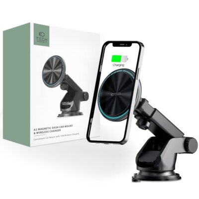 Juodas telefono laikiklis su pakrovimu TECH-PROTECT A2 MAGNETIC MAGSAFE DASH CAR WIRELESS CHARGER 15W su magnetiniu diskeliu ir tvirtinimu prie automobilio priekines paneles