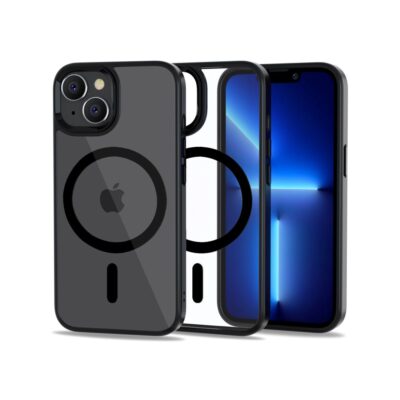 Juodas-skaidrus dėklas Apple Iphone 14 Tech-Protect Magmat Magsafe su matiniu juodu kraštu ir apsauginiu rėmeliu