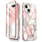 Marmurinės spalvos dėklas Apple Iphone 14 Plus 15 Plus Supcase Cosmo su rožinio aukso rėmeliu ir marmuriniais raštais