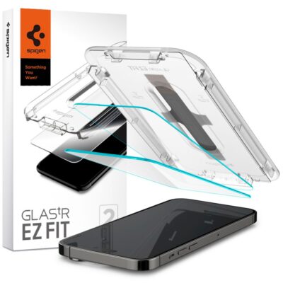 Skaidrus apsauginis stikliukas Apple Iphone 14 Pro Spigen Glas.Tr Ez Fit 2-Pack su specialiu pritaikymo rėmeliu