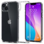 Skaidrus dėklas Apple Iphone 14 Plus ir 15 Plus Spigen Ultra Hybrid šalia juodo telefono