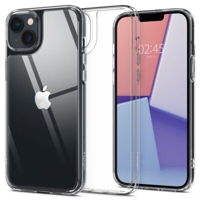 Skaidrus deklas Apple Iphone 14 Plus 15 Plus Spigen Quartz Hybrid matomas ant juodo telefono su apsauginiu deklu