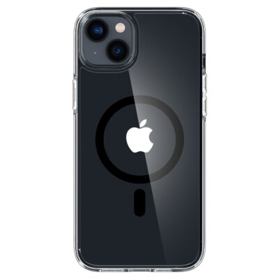 Skaidrus juodas dėklas Apple Iphone 14 Plus 15 Plus Spigen Ultra Hybrid Mag su matomu Apple logotipu