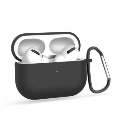 Juodas dėklas Apple Airpods Pro 1 Tech-Protect Icon Hook su sidabro spalvos kabliu ir baltomis ausinėmis