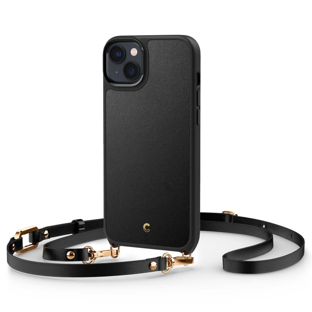 Juodas dėklas Apple Iphone 14 Plus Spigen Cyrill Classic Charm Juodas dėklas Apple Iphone 14 Plus su odiniu dirželiu ir auksinėmis detalėmis