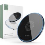 Juodas belaidis pakrovėjas Tech-Protect QI15W-C115W su mėlyna LED apvadu ir Tech-Protect logotipu
