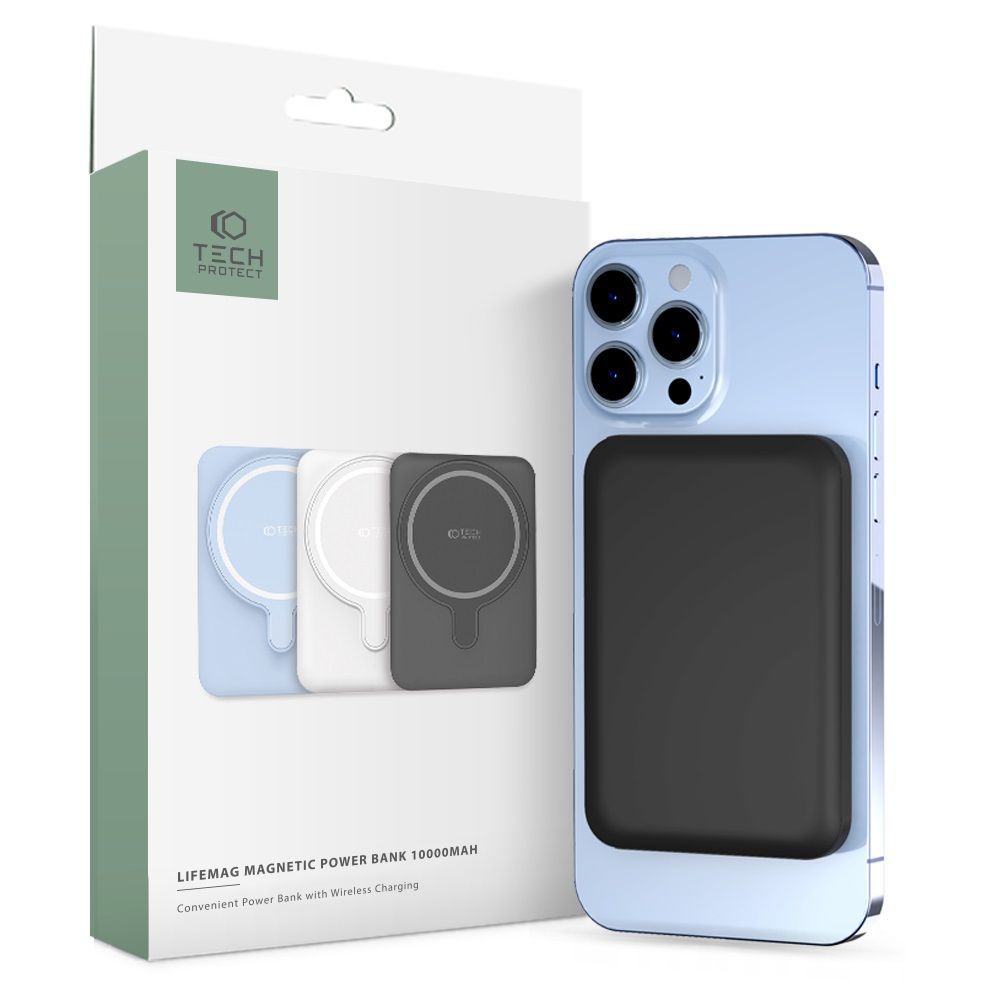 Juoda išorinė baterija TECH-PROTECT PB11 LIFEMAG MAGSAFE POWER BANK 10000MAH Juoda išorinė baterija TECH-PROTECT PB11 LIFEMAG MAGSAFE POWER BANK 10000MAH pritvirtinta prie mėlyno telefono