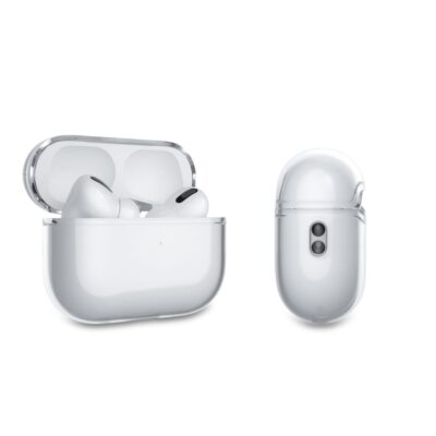 skaidrus dekla apple airpods pro 1 2 tech-protect flexair atvaizduoje su ausinetais ir isorine puse