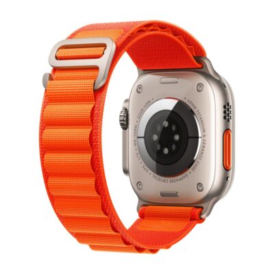 Oranžinės spalvos apyrankė Apple Watch su ryškiai oranžine nailonine juosta