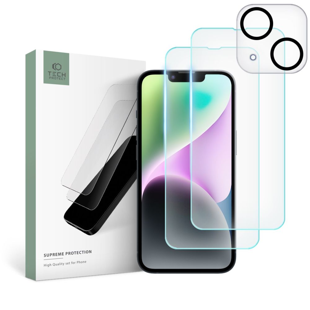 Ekrano ir kameros apsauginis stiklas Apple Iphone 14 Tech-Protect Supreme Set Ekrano ir kameros apsauginis stiklas Apple Iphone 14 Tech-Protect Supreme Set su plona stiklo plėvele
