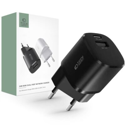 Juodas universalus buitinis pakrovėjas Tech-Protect C20W Mini su dviem USB jungtimis PD20W ir QC3.0