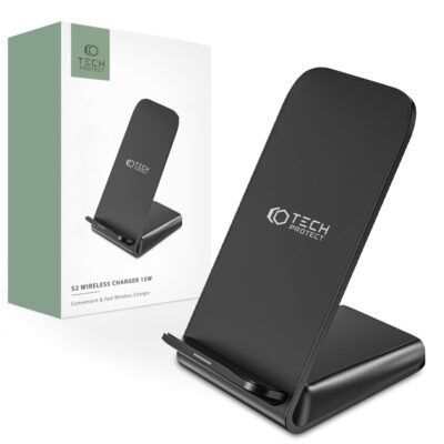 Juodas belaidis pakrovėjas TECH-PROTECT QI15W-S2 WIRELESS CHARGER 15W su liečiamu paviršiumi ir QR atspaudu