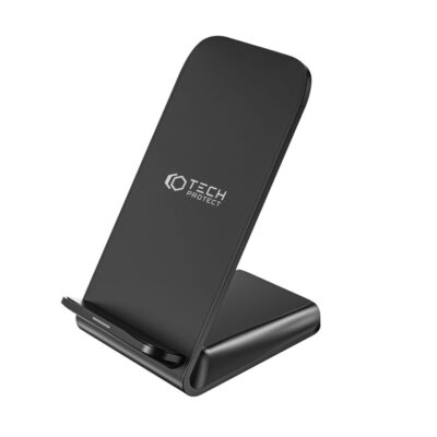 Juodas belaidis pakrovėjas TECH-PROTECT QI15W-S2 wireless charger 15W stovis su logotipu