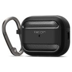 Juodas matinis Spigen Rugged Armor dėklas Apple Airpods Pro 1 2 su anglies pluošto detalėmis ir metalo karabinu