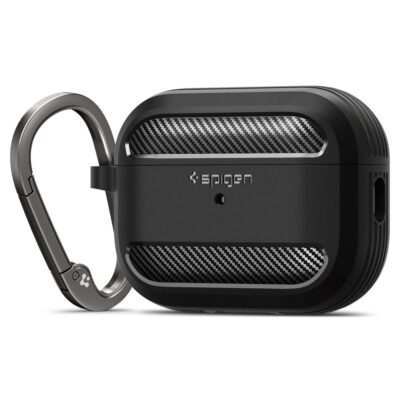 Juodas matinis Spigen Rugged Armor dėklas Apple Airpods Pro 1 2 su anglies pluošto detalėmis ir metalo karabinu