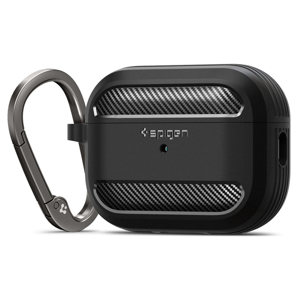 Juodas matinis dėklas Apple Airpods Pro 1 2 Spigen Rugged Armor Juodas matinis Spigen Rugged Armor dėklas Apple Airpods Pro 1 2 su anglies pluošto detalėmis ir metalo karabinu