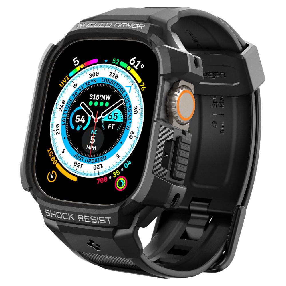 Juodas dėklas Apple Watch Ultra 1 / 2 49mm Spigen Rugged Armor Pro Juodas dėklas Apple Watch Ultra 1 ar 2 49mm Spigen Rugged Armor Pro su tvirtu dizainu ir ekranu.